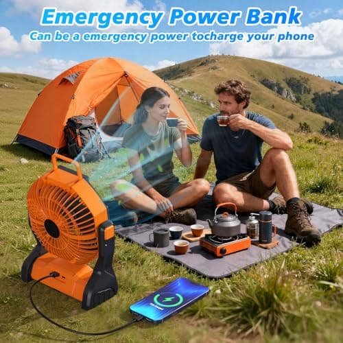 Aishkimo Portable Camping Fan with LED Light, 10000mAh Rechargeable Tent Fan with Hanging Hook, 4-Speed Adjustable Outdoor Fan for Picnic, BBQ, Fishing, Travel - Orange — view 3