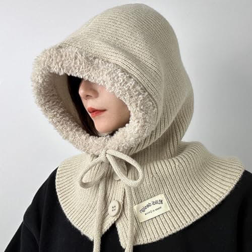 2in1 Winter Warm Hat for Women Knit Hooded Hat Outdoor Activity Scarf Cap Windproof Casual Shawl Fashionable Winter Travel Accessory Red — view 6
