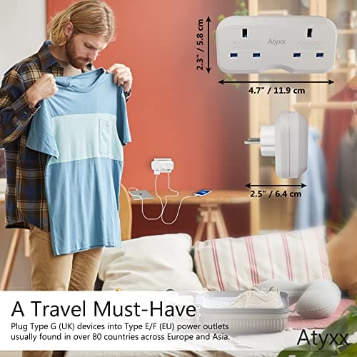 Atyxx Dual European Travel Adapter - Double Socket EU Plug Adapter with Power Indicator Light - Easy To Remove, Space Saver Europe to UK Plug Adaptor - Compatible with Sockets In 80 Countries — view 4