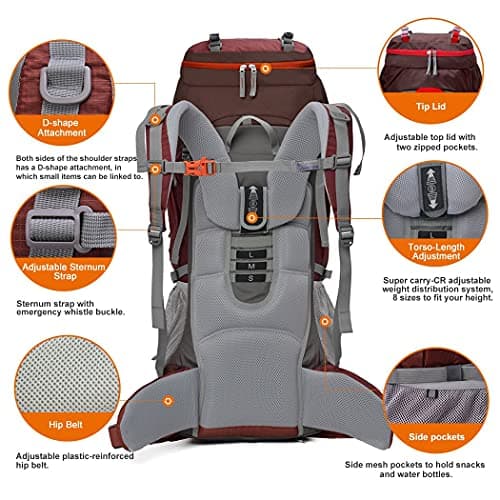 MOUNTAINTOP 70L Internal Frame Hiking Rucksack with Rain Cover Unisex — view 6