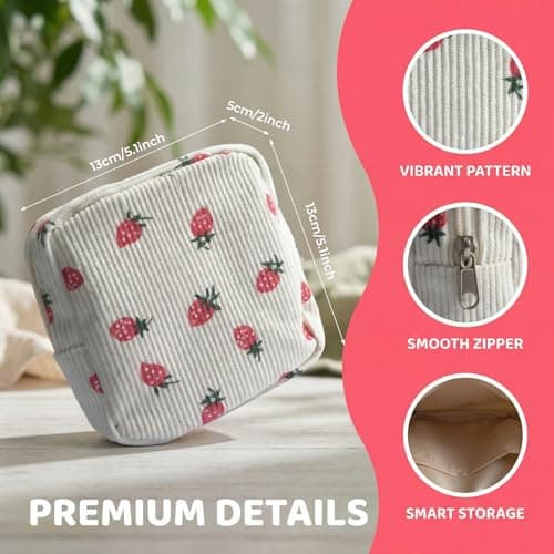 Small Makeup Bag for Purse, Cute Strawberry Beige Cosmetic Pouch, Mini Travel Toiletry Organizer with Zipper, Aesthetic Portable Storage for Women Girls Handbag Essentials — view 2