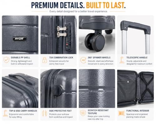 RYDR 3 Piece PP Hardshell Suitcase Set – 20" Cabin, 24" Medium & 28" Large Luggage with TSA Combination Lock, 360° Spinner Wheels & Adjustable Telescopic Handle, Lightweight Travel Cases (Grey) — view 2