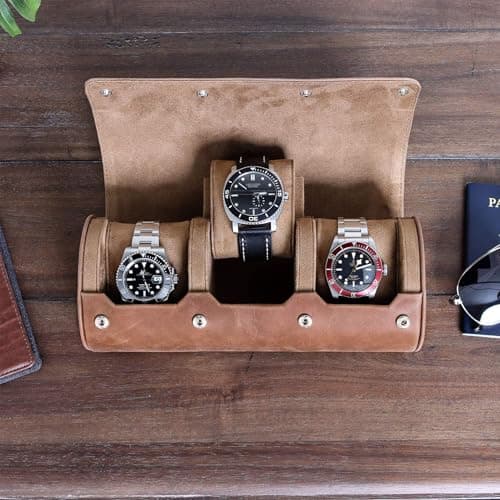 ROTHWELL Watch Roll Travel Case for 3 Watches | 100% Genuine Leather Heavy Duty Wearable Protection Fits All Wristwatches and Smart Watches up to 50mm (Tan/Tan) — view 5