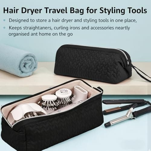 Hair Dryer Travel Bag, Heat Resistant Hair Tool Organiser, Portable Hair Dryer Storage Case for Straightener and Curling Iron, Hanging Travel Beauty Organiser (Black) — view 3