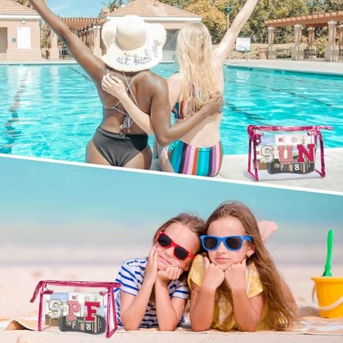 COSHAYSOO Sunscreen Bag Clear Makeup Toiletry Pouch Beach Vacation Essentials for Women Teen Girls Trip Gifts Summer Pool Travel Must Have Accessories Waterproof Stuff, Pink-Sun, 8.8" x 2.7" x 5.5 — view 5