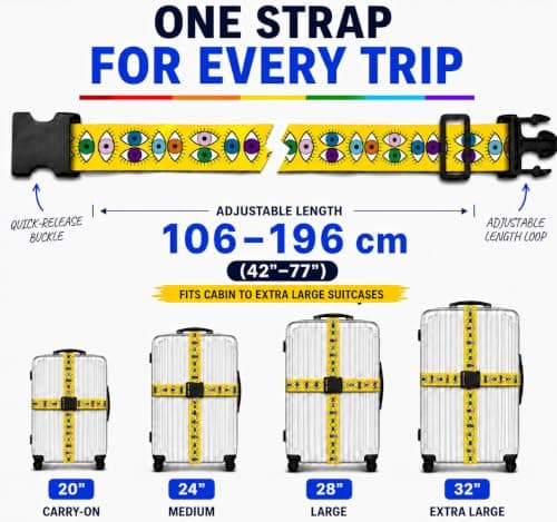 Luggage Straps for Suitcases 2 Pack, Adjustable Suitcase Belt 106–196 cm, Bright Pattern Travel Luggage Strap for Easy Identification, Heavy Duty Polyester with Quick Release Buckle (Vibrant Eyes) — view 3