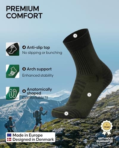 DANISH ENDURANCE Light Merino Wool Hiking Socks with Anti Blister Cushioning, for Men & Women, Unisex, 3 or 5 Pack, Multicolour (1xBlack, 2xOlive Green), 9-12 — view 3