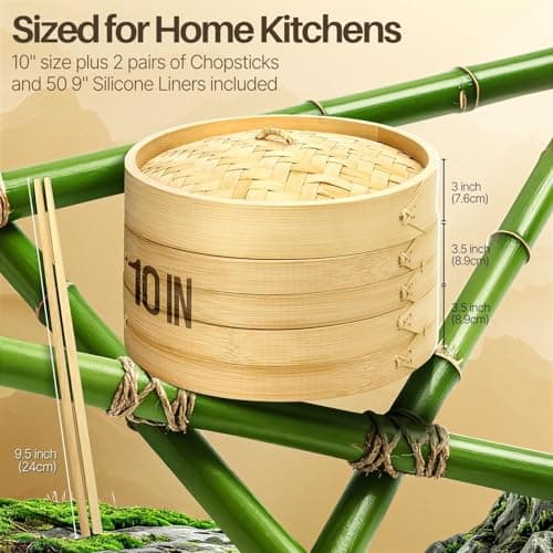 Flexzion Bamboo Steamer Basket Set (10 inch), 50 x Steamer Liners and 2 Pairs of Chopsticks, Steam Baskets for DimSum Dumplings, Rice, Vegetables, Fish and Meat — view 5