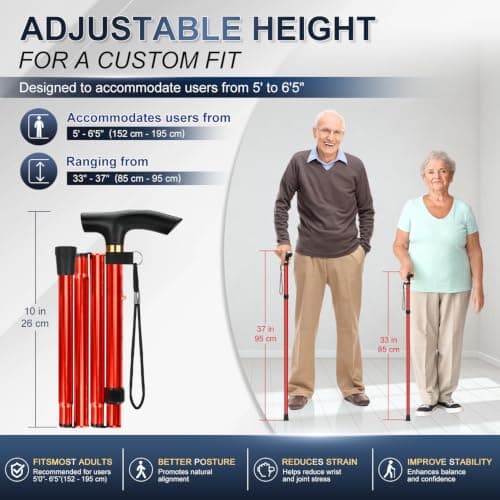 supregear Walking Stick - Adjustable Folding Walking Sticks for Women and Men - Lightweight Portable Collapsible Balancing Aid - Foldable Travel Cane for Ladies Elderly Adults, Red — view 2