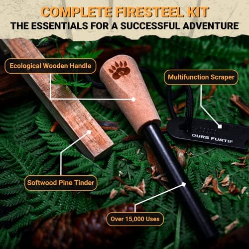 Survival Flint and Steel - Fire Starter Ferrocerium XL 10mm - Light More Than 15,000 Fires Ferro Rod - Firelighter Included - Firestarter Survival Kit for Camping, Bushcraft (Pine wood) — view 2