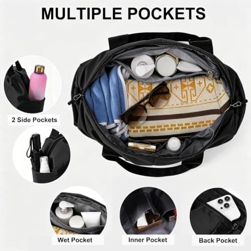 Vllcsla Sports Duffle Bag Small for Women with Wet Pocket, 45x20x27 cm, Womens Gym Tote Bag Duffle Bags, Waterproof Overnight Weekend Carry On Bags, Lightweight, for Gym/Swim/Beach (Black) — view 4