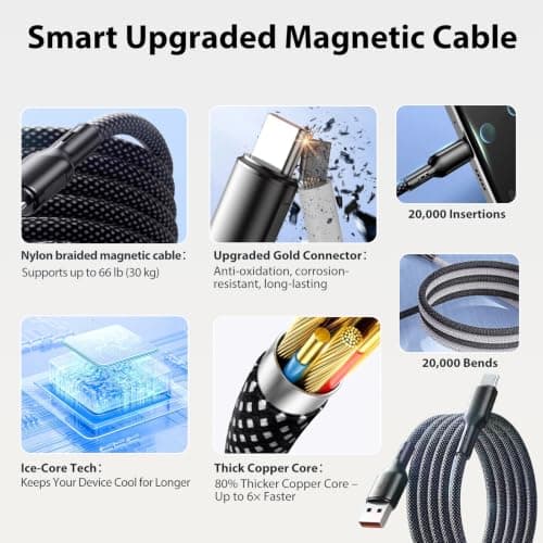 60W Magnetic USB C Cable, Elastic Retractable Coiled USB-A to USB-C Leads — view 6