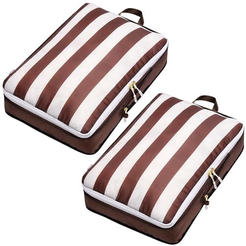 Extra Large Compression Packing Cubes for Checked Luggage, Lightweight Suitcase Organizers & Space Saver Bags - Travel Cubes for Packing - 2pc Set, X-Large - Brown Cabana Stripe