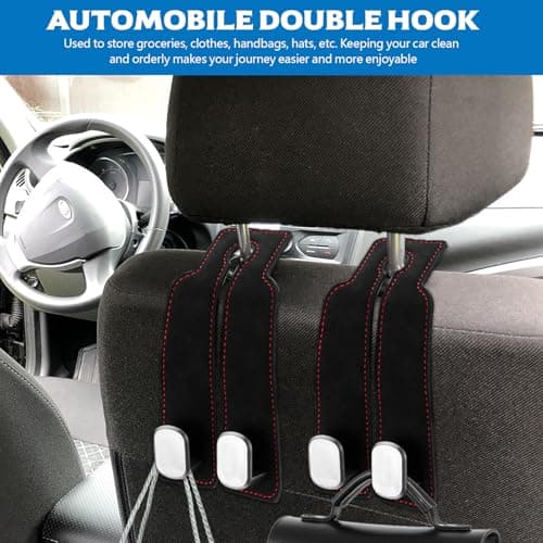 ANBEEISS 4 Pcs Leather Car Seat Back Double Hooks Organiser, Black — view 6