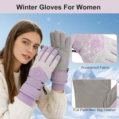 LEHEEYWT Ski Gloves Women, Touchscreen Waterproof Winter Gloves, Fleece Lined Anti-Slip Glove For Women Skiing Snowboarding Hiking Cycling Outdoor (purple) — view 2