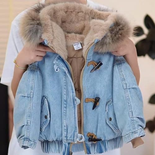 Boys Girls Fleece Lined Denim Jacket Zip Up Toggle Button Faux Fur Hooded Jean Coat Fashion Pleated Winter Warm Windproof Top Outdoor Travel Back to School Thermal Coat (Blue, 7-8 Years) — view 2