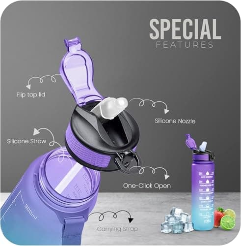 Roe Tenpo Sports Water Bottle with Straw and Time Marking, and 32OZ Capacity - Motivational and Eco-Friendly BPA-Free Bottle for Running, Gym, Yoga, Outdoors, and Camping (Style-1, Blue-Purple) — view 3