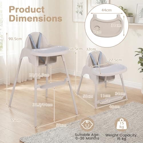 COSTWAY High Chair for Babies and Toddlers, 4 in 1 Convertible Baby Highchair with 2 Heights, Removable Double Tray, 5-Point Harness & Reversible Footrest, Infant Feeding Chair for 6-36 Months (Khaki) — view 6