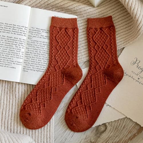 KIXZSAZ 2PCS Thermal Socks Thickened Solid Retro Wool Sock Coldproof Durable Stockings Footwear Winter Travel Birthday, Wine Red — view 2