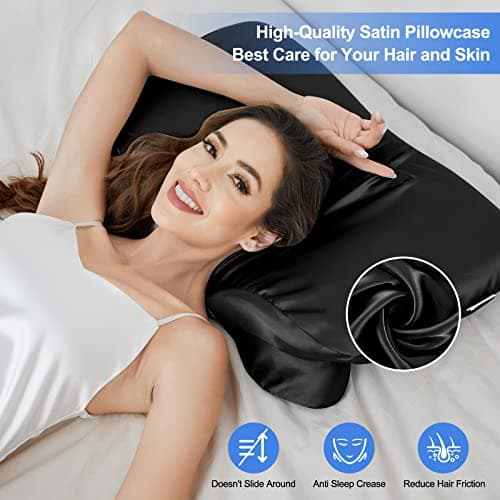 Zelimun Satin Pillowcase for Hair and Skin, Contour Pillow Cases for Cervical Pillow, Smooth & Soft for 60x40cm Memory Foam Neck Pillow, Pillow Cover with Zipper(Black) — view 3