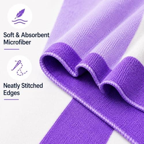 Oversized Microfibre Beach Towel Set, 180 x 90 cm Quick Dry Sand Resistant Beach Towel with 75 x 35 cm Drying Towel and Drawstring Bag, Lightweight Travel Towel for Beach, Pool, Picnic, Purple Stripe — view 4