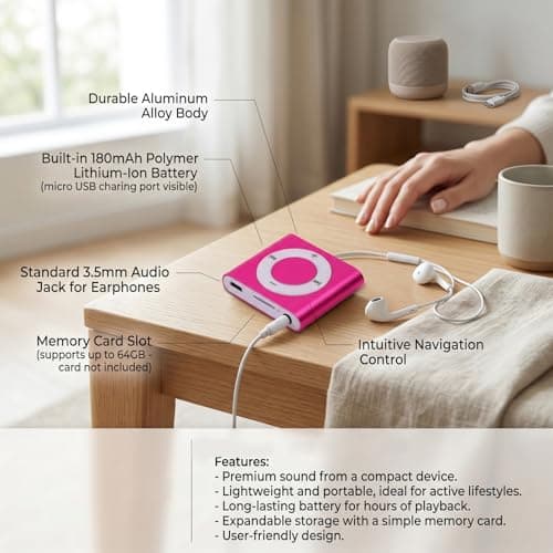 Cocoarm MP3 Player Aluminum Alloy Music Player with Built in Speaker 64GB Card Support HiFi Sound 18 Hour Playback 3.5mm Earphones for Students Running Travel (Rose Red) — view 4