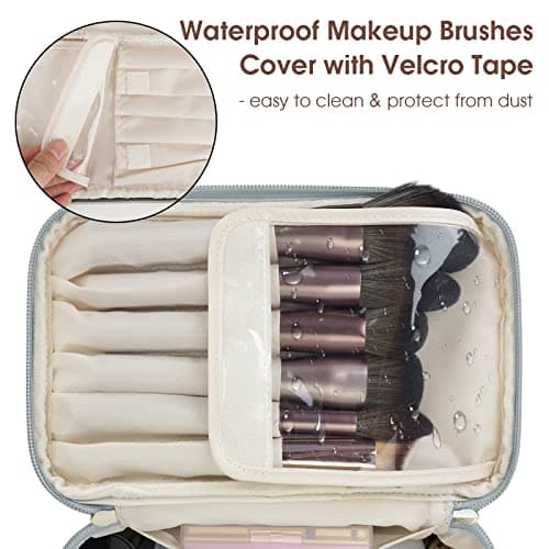 Travel Makeup Bag, Large PU Leather Cosmetic Case with Brush Compartment, Greyish Blue — view 2