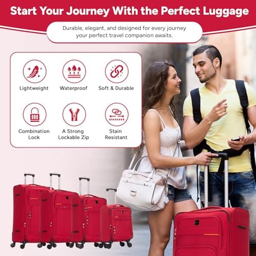 Skylark Medium Suitcase 24" Super Lightweight Luggage 20% Expandable 4 Wheels Spinner 3-Digit Combination Lock Soft Shell Luggage for 15 to 20kg (Red, 78 litres) — view 3