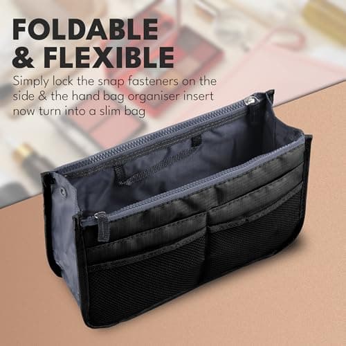 JJ PRIME - Multi-Compartment Handbag Insert | Expandable Liner Bag Pouch Zipper Closure | Tote Bag Organiser Insert with 13 Pockets and Handle for Easy Lifting (Travel, Cosmetics, Toiletries), Black — view 3