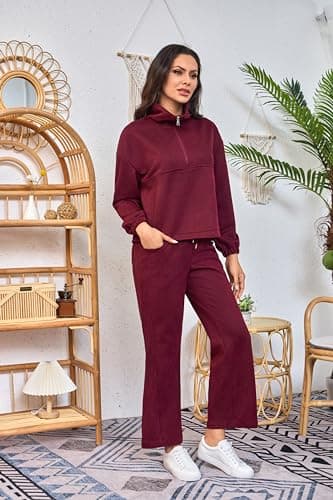 HAOZHIYU Womens 2 Piece Sets Travel Outfits Half Zip Sweatshirt And Wide Leg Sweatpant Airport Outfits for Women 2025, Burgundy, M — view 3