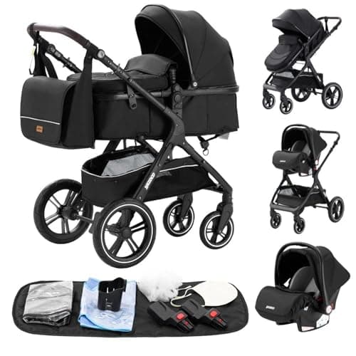 YAZOCO 3 in 1 Prams, Pushchair with Height Adjustable Handle, Travel System Pram with Changing Bag, Baby Stroller with Aluminum Frame for Newborn 0-4 Years (X1 Black)