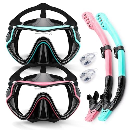 Vogista Dry Top Snorkel Set Adults, 5-in-1 Snorkeling Gear for Adults with Anti-Fog and Anti-Leak Tempered Glass, Snorkel Set with 180° Panoramic Wide View Scuba Mask Diving Goggles - 2 Pack