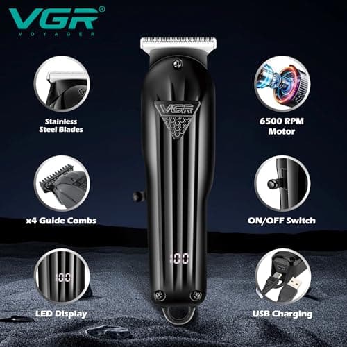 VGR Electric Beard Hair Trimmer Men Rechargeable - USB-C - Cordless Clippers 120 Min Battery - Stainless Steel Blades - Male Face Grooming Kit for Moustache, Neck, Stubble, Sideburns, Bald Head — view 2