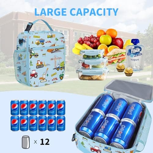 Clastyle Car Insulated Lunch Bag Truck Large Thermal Cooler Bag for Boy Picnic Lunch Box Tote, Blue Construction — view 3