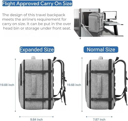Carry On Backpack, Extra Large 40-50L Travel Backpack for Men & Women, Expandable Backpack For Airplanes, 17 Inch Laptop Backpack, Luggage Suitcase 40L Daypack Lightweight Business Weekender Bag, Grey — view 4