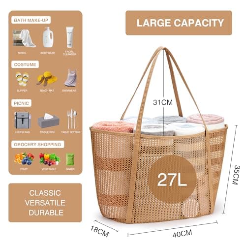 KALIDI FANCY FOREST Foldable Mesh Beach Bag with Zip, 27L Large Mesh Tote Bags for Women Ladies Summer Beach Tote Bag for Holiday Travel,Khaki — view 4