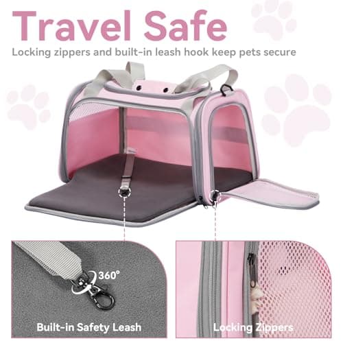PETSFIT Soft Cat Carrier,Pink Pet Carrier with Extendable Fleece Mat, Puppy Carrier Airline Approved with Safety Leash for Travel Up to 5KG (44 * 26.5 * 27CM, Pink) — view 5