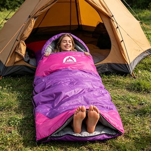 Sleeping Bag 3 Seasons (Summer, Spring, Fall) Warm & Cool Weather - Lightweight,Waterproof Indoor & Outdoor Use for Kids, Teens & Adults for Camping Hiking, Backpacking and Survival (Purple) — view 3