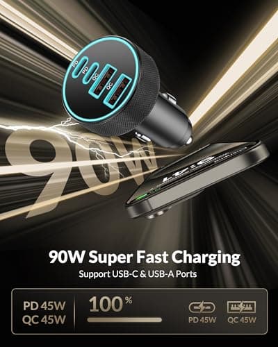 90W 4-Port USB C Car Charger & Cable for iPhone 17 16 15 Samsung S26/S25 — view 2