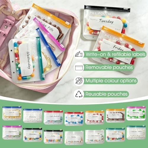 Waterproof Pill Organiser Pouch Set for Travel, 14 Removable Colour-Coded Bags Easy to Label & Refill, Storage Organizer for Medication Vitamins Fish Oils (Pink) — view 3