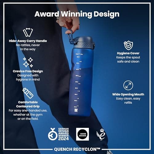 ION8 1 Litre Water Bottle, Leak Proof, Flip Lid, Carry Handle, Rapid Hydration, Dishwasher Safe, BPA Free, Contoured Grip, Ideal for Travel, Gym & Activity, Carbon Neutral Recyclon, 32 oz, Navy Blue — view 6