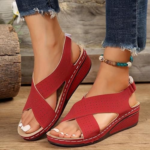 Generisch Sandals for Women Plantar Fasciitis Comfortable Wedge Heel Open Toe Ankle Strap Wide Fit Padded Walking Sandals with Arch Support, red, 8 UK — view 2