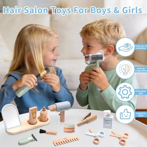 FIIOEOY Wooden Hairdresser Set for Kids Role Play Toys Kids Barber Shop Playset Hairdressing Set, Educational Montessori Hair Salon Pretend Play Kit Gift for 3 4 5 Year Olds Boys Girls — view 5