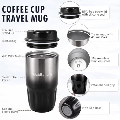 : GaoBangM 450ml Travel Mug,Insulated Coffee Cup with Leakproof Lid,Black-1 — view 2