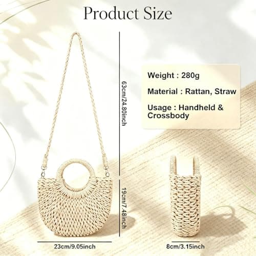 Womens Straw Beach Bag, Summer Straw Tote Bag for Women, Handwoven Rattan Handbag with Detachable Strap, Boho Style Top Handle Bag Clutch Purse for Vacation Travel Shopping — view 3