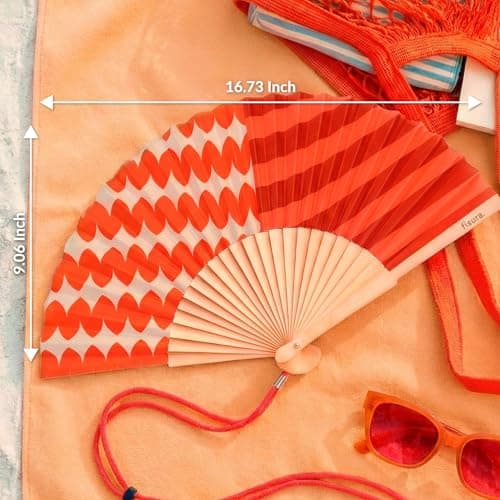 Fisura – Original Stripe & Wave Print Folding Fan, Modern and Colourful Folding Handheld Fan, Red Design for Wedding, Rave, Festival - Includes Strap. Size: 42.5 x 23 cm — view 5