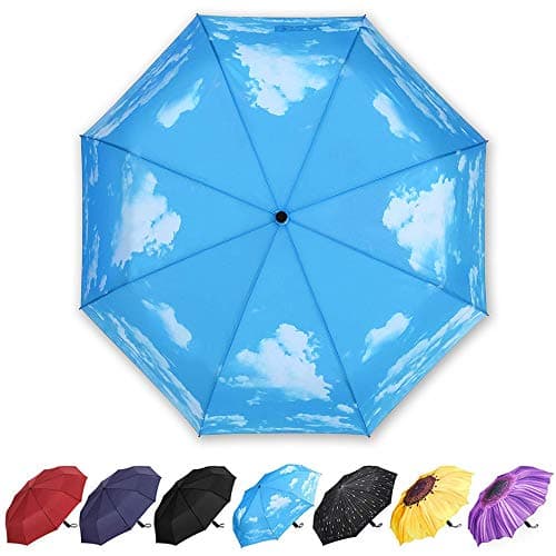 YumSur Compact Automatic Travel Umbrella, Windproof Folding Umbrella with Printed Raindrops Design, Auto Open Close and Upgraded Comfort Handle, for Men and Women