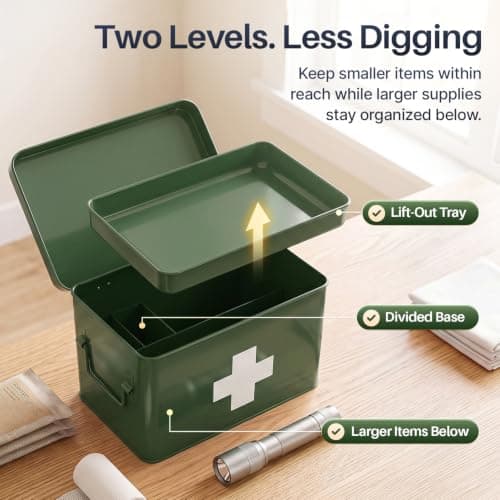 Flexzion Large Metal First Aid Box Empty, 8.5-Inch, Green with White Cross — view 3