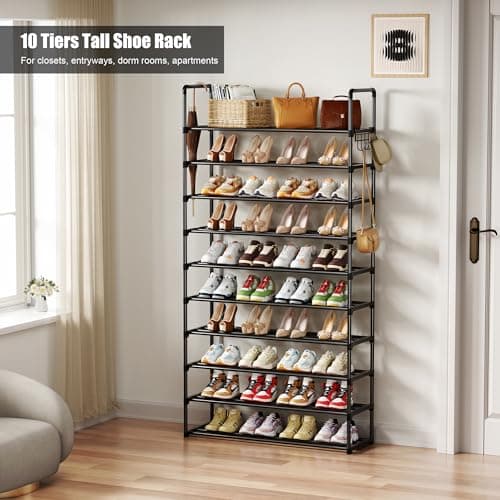 SPUSEN Metal Shoe Rack, 10 Tier Shoe Storage Organizer with Hooks,Fit 40-45Pairs Shoes,Metal Tall Shoe Shelf for Closet,Entryway,Garage,Bedroom,Cloakroom — view 5