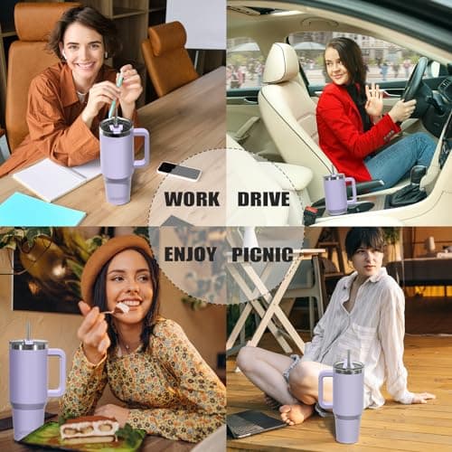 WATERSY Travel Mug Coffee Cup 40oz Tumbler Straw Lid and Handle, Stainless Steel Double Wall Vacuum Insulated Coffee Water Bottle Thermal for Cold Hot Coffee 1182ml Purple — view 3